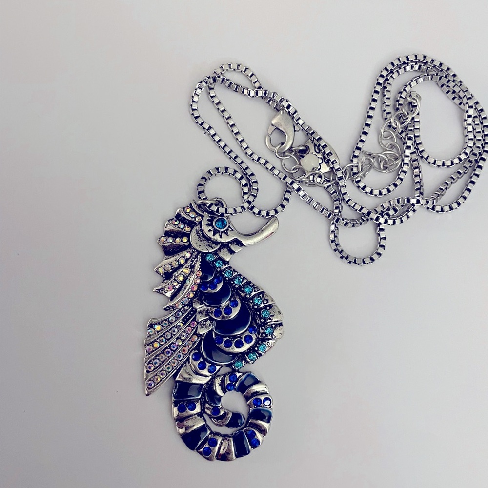Betsy Johnson necklace, long chain, silver, iridescent, light & dark blue jewels
